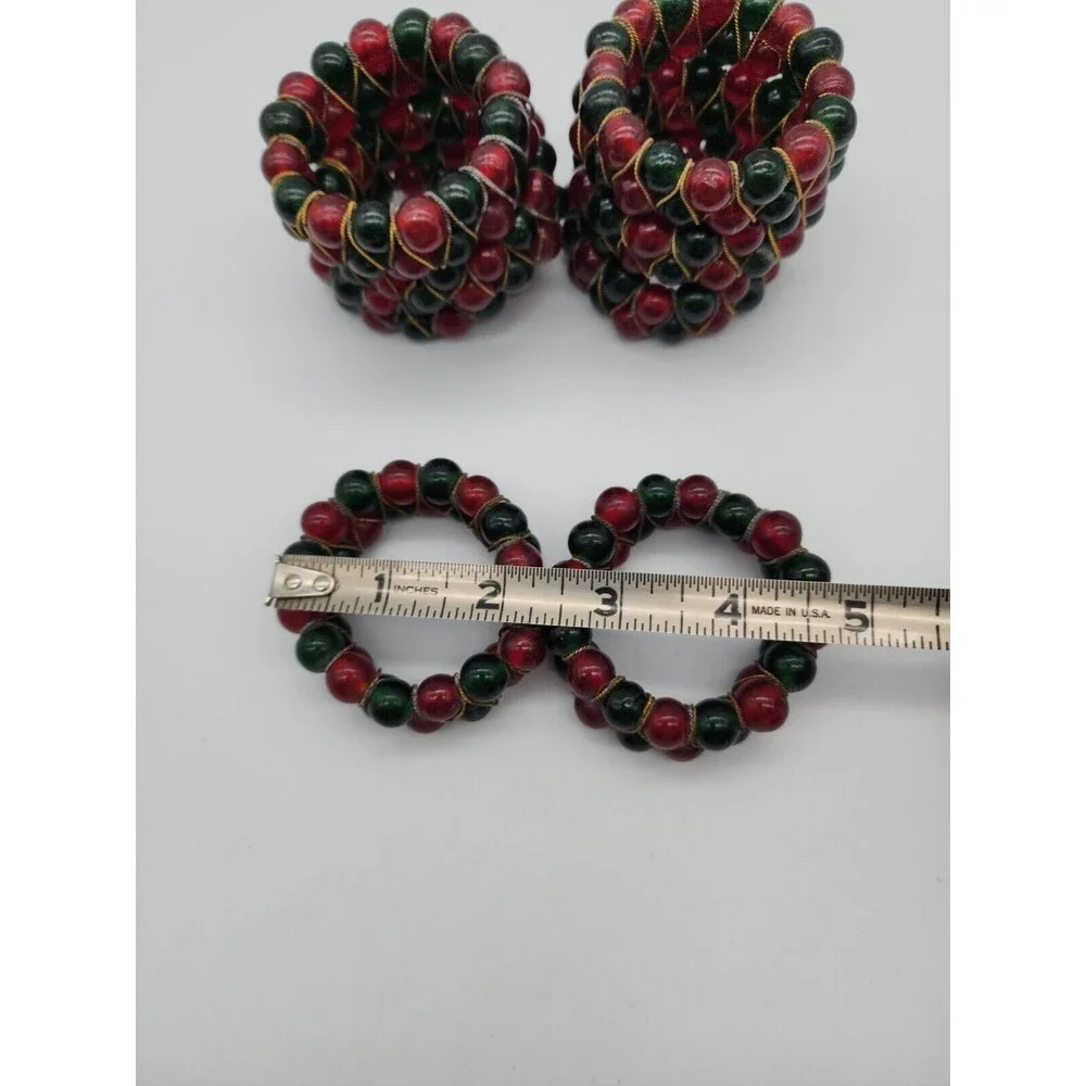 Kemp & Beatly set of 8 Christmas Red & Green Glass Beaded Napkin Ring Holders